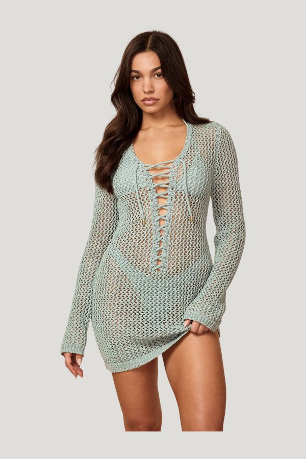 Corossol Mini Dress - Light Slate Petit Crochet — model front