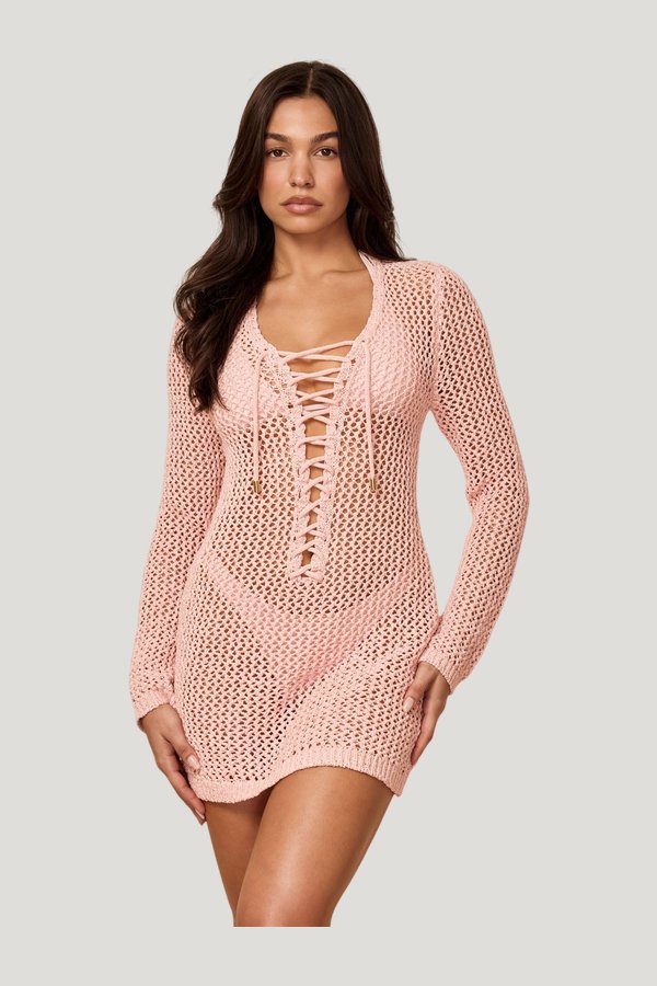 Corossol Mini Dress - Powder Pink Petit Crochet — model front