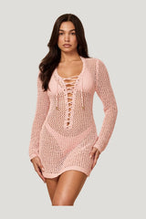 Corossol Mini Dress - Powder Pink Petit Crochet — model front