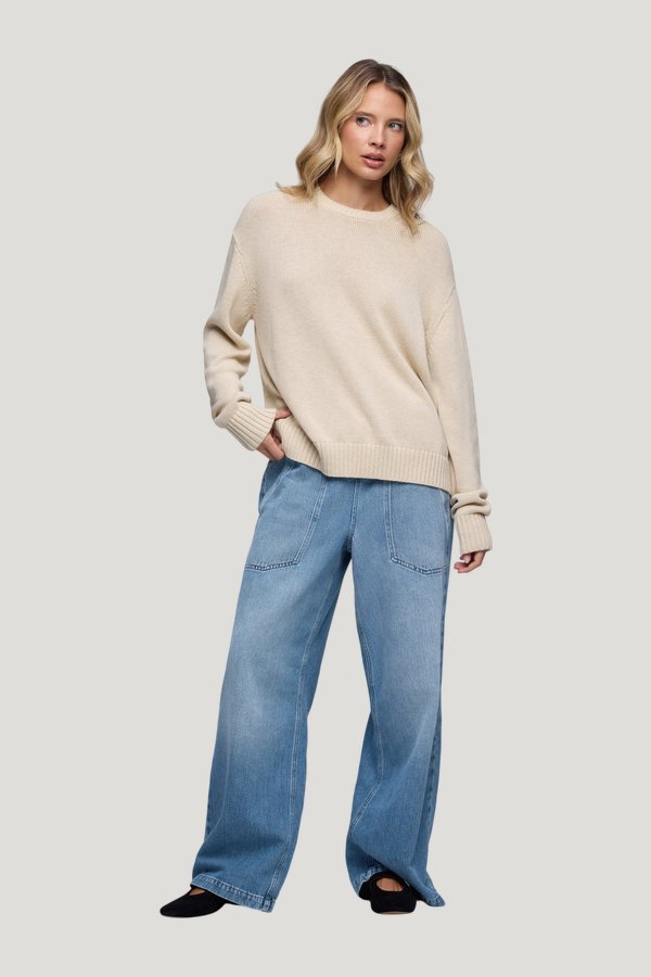 Cotton Crew Sweater | Heather Oat — model front