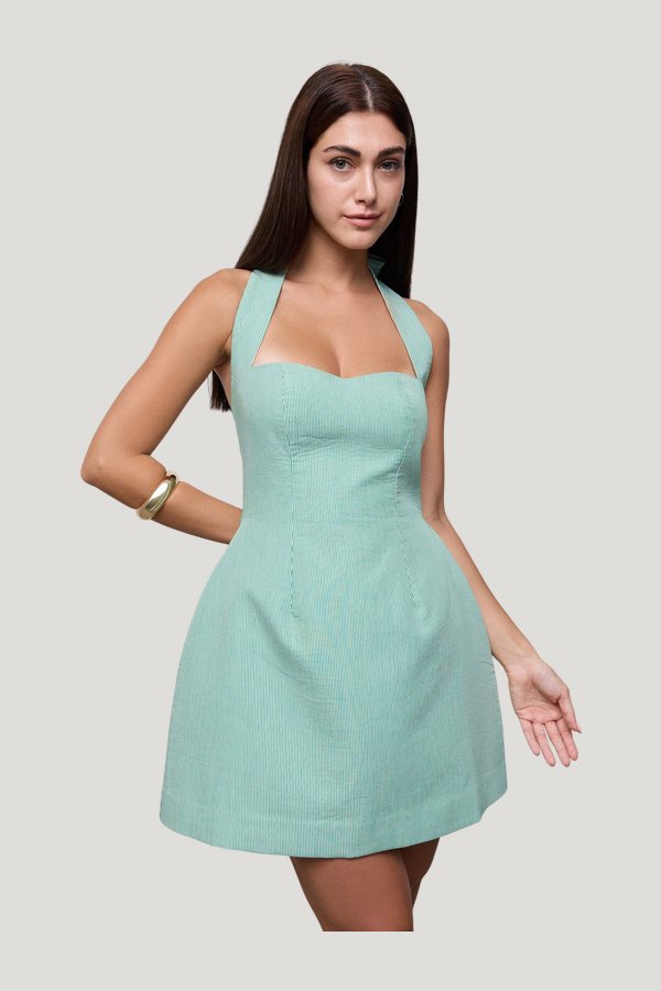 Cotton Pinstripe Mini Dress — model side