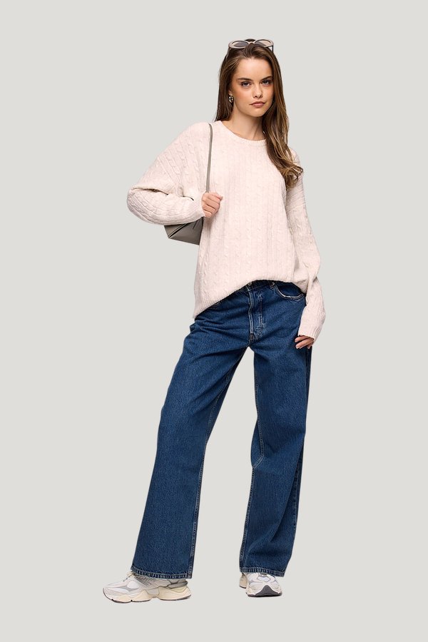 Cozy Knit Cable Crewneck Sweater — model side