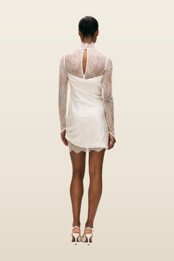 Croissant Mini Dress In Ivory Silk Satin And Lace — model back