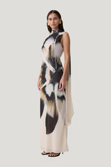 Dakota Chiffon Maxi Dress With Scarf - Ivory Oversized Floral Print — model side