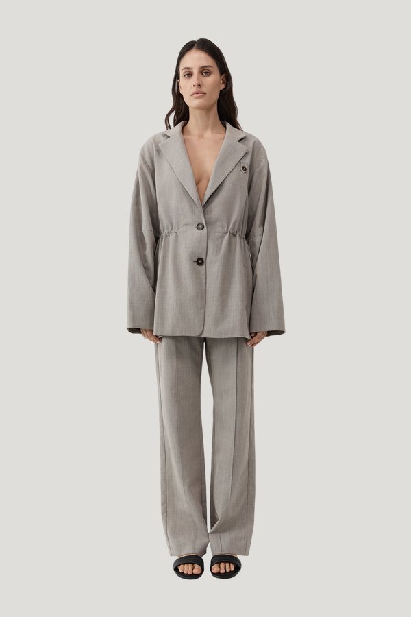 Drawstring Waist Blazer - Pebble Melange — model front