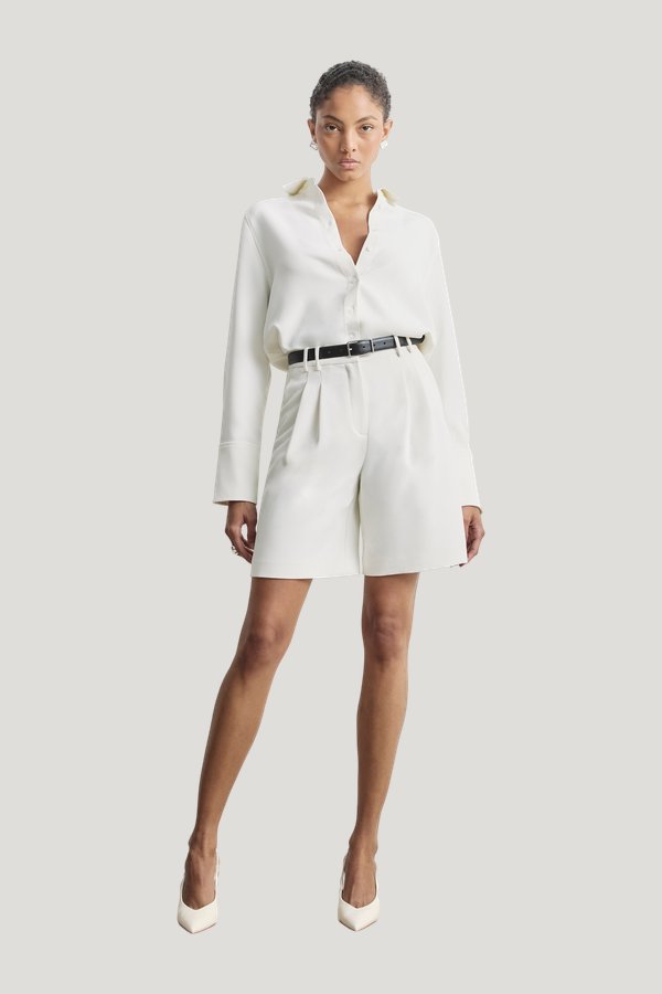 Effortless Pleated Longline Shorts — model front