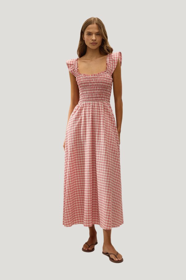 Eudora Midi Dress Vintage Red Check — model front
