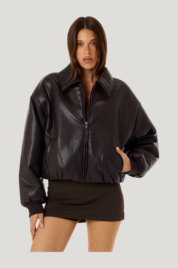 Faux Leather Bomber Jacket — model front