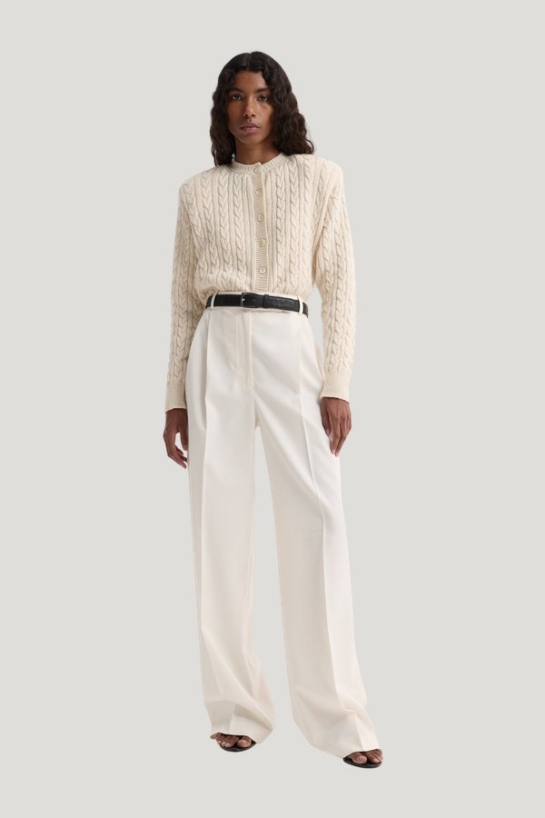 Fine merino cable cardigan — model front