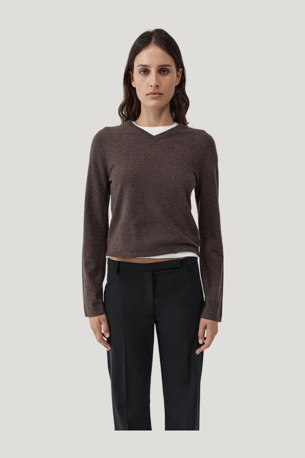 Fine Merino V Neck Sweater - Mulch — model front