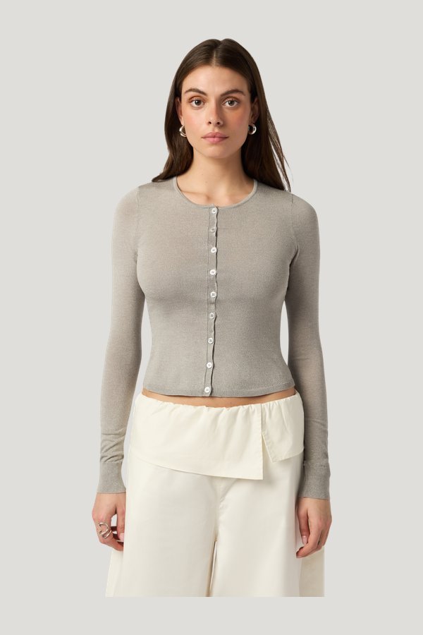 Fitted Heather Grey Cardigan — model front