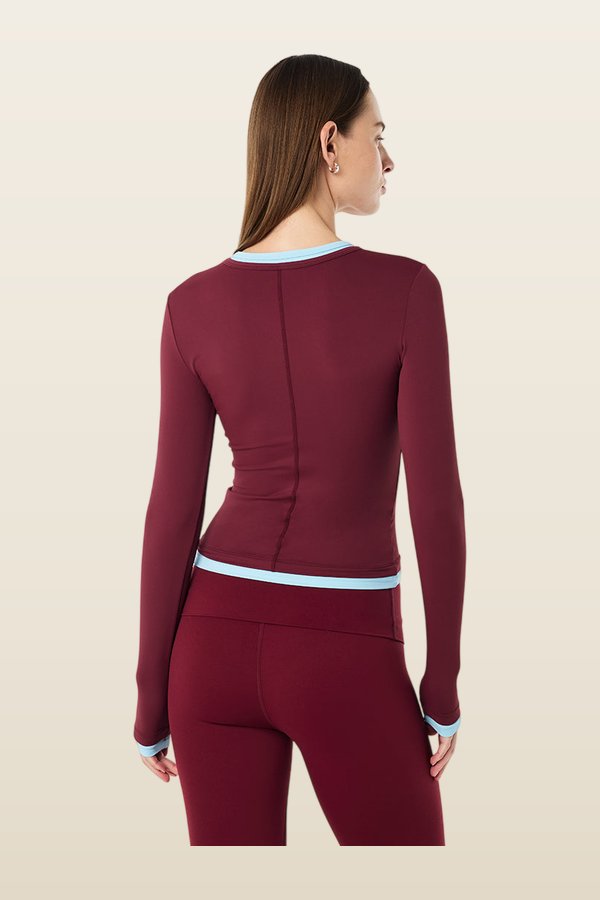 Foundation Layer Long Sleeve Tee In Burgundy & Sky — model back