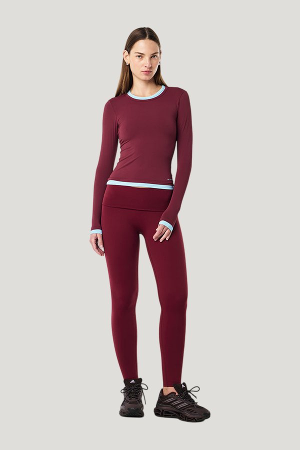 Foundation Layer Long Sleeve Tee In Burgundy & Sky — model front