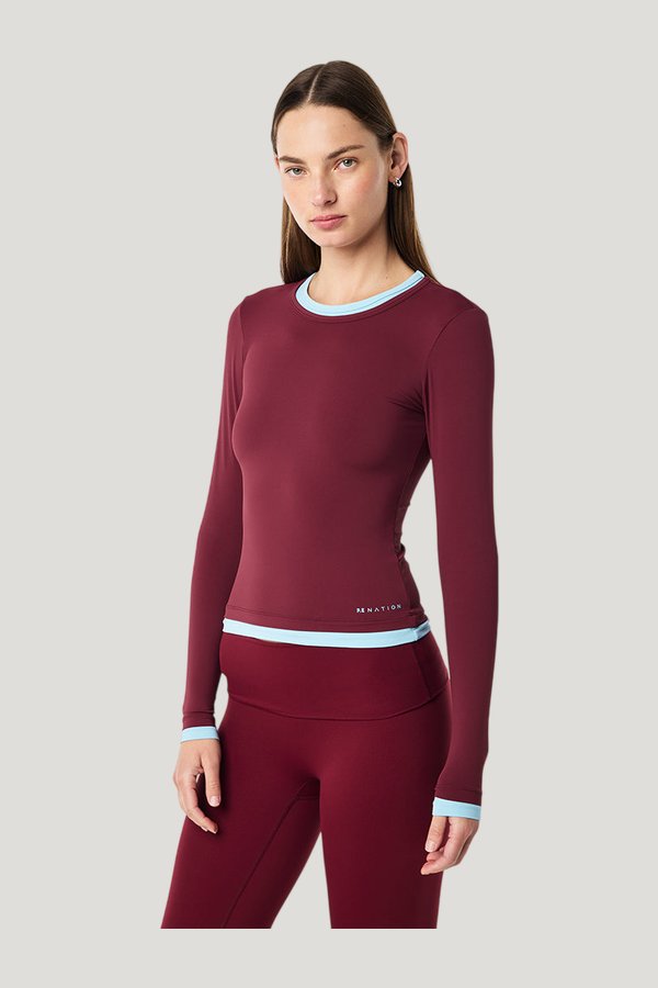 Foundation Layer Long Sleeve Tee In Burgundy & Sky — model side