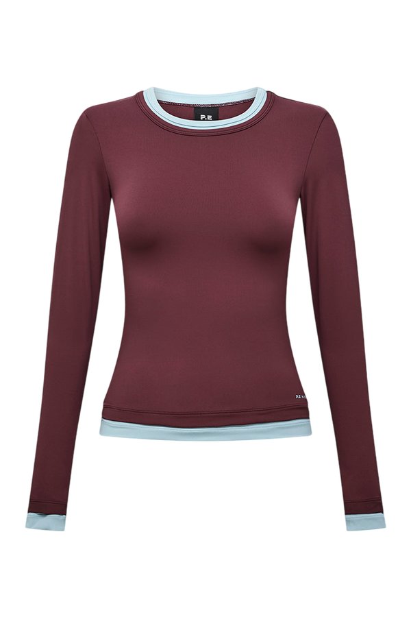 Foundation Layer Long Sleeve Tee In Burgundy & Sky — packshot