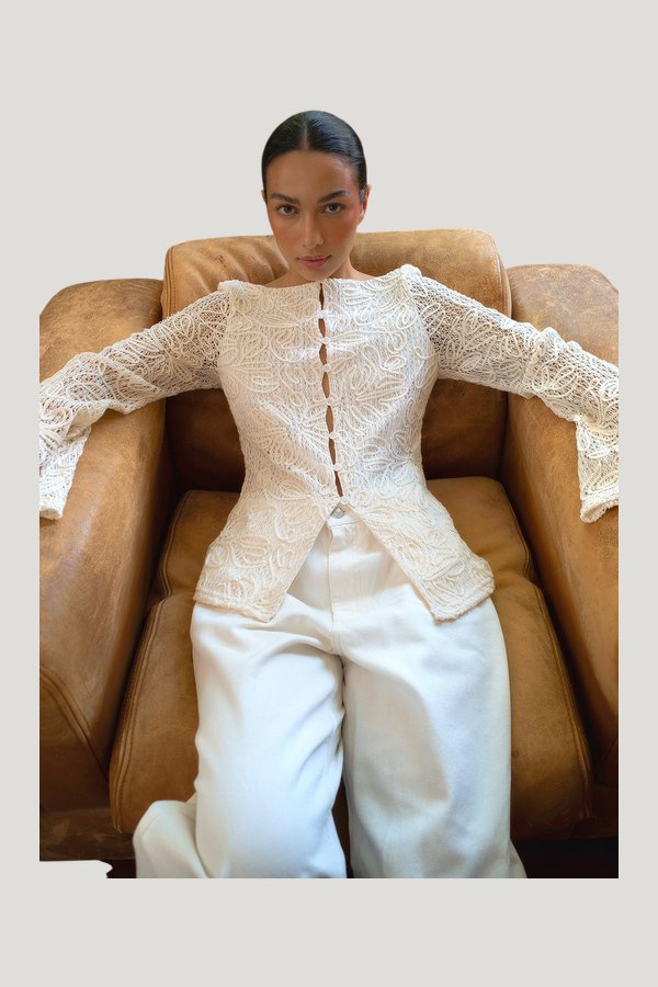 Front Button Crochet Top — model side