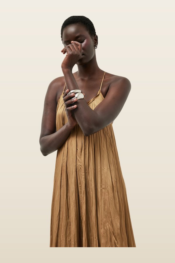 Gathered Volume Strap Dress — model back