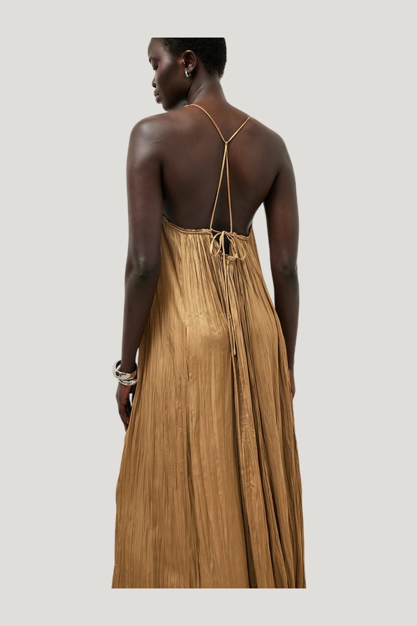 Gathered Volume Strap Dress — model side