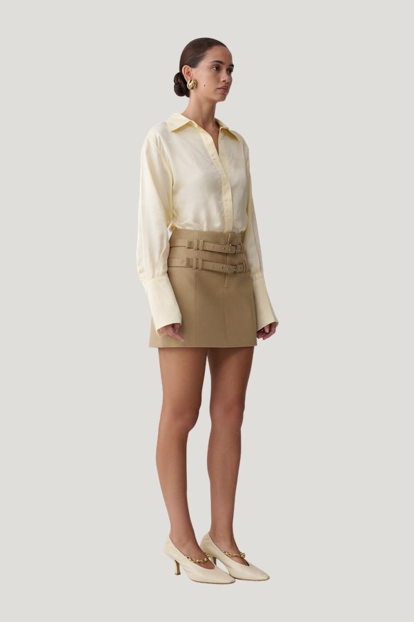 Gia Long Sleeve Satin Shirt - Buttermilk — model side