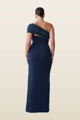 Hanh One Shoulder Mesh Maxi Dress - Ink — model back