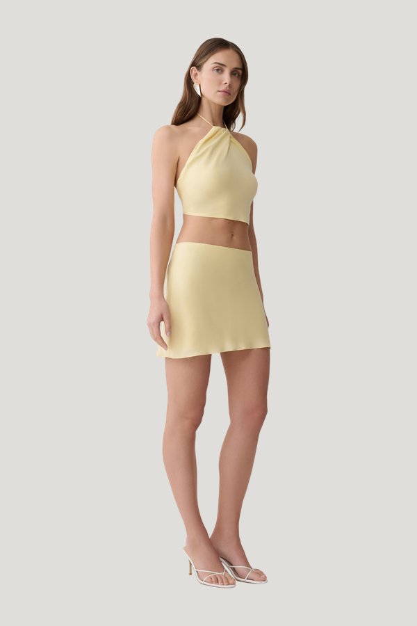 Juliana Cupro Halter Sleeveless Top - Butter — model side