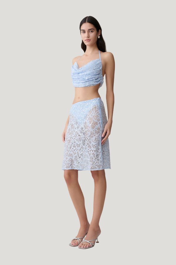Kiara Pearl Beaded Cowl Crop Top — model side