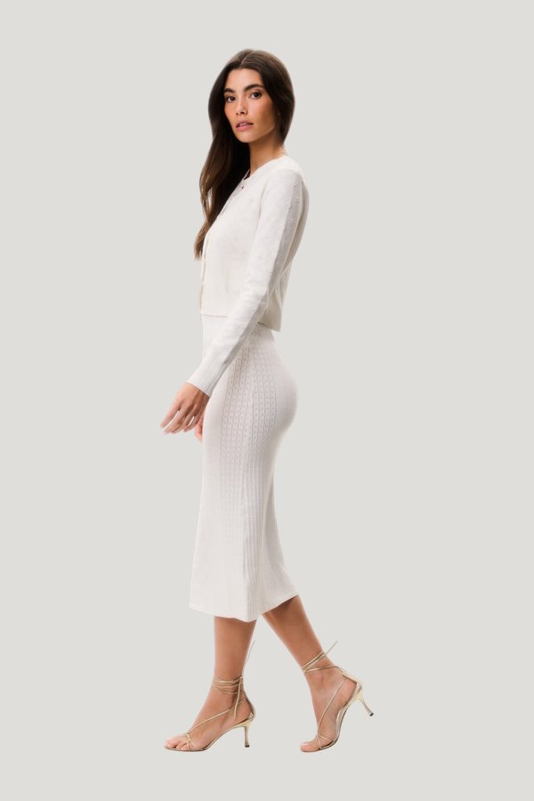Laken Cotton Pointelle Cardigan — model side