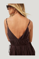 Linen Blend Crinkle Volume Strap Dress — model side