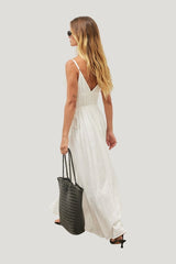 Linen Blend Crinkle Volume Strap Dress — model side