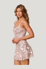 Liria Vanilla Blush Sequin Mini Dress — model side