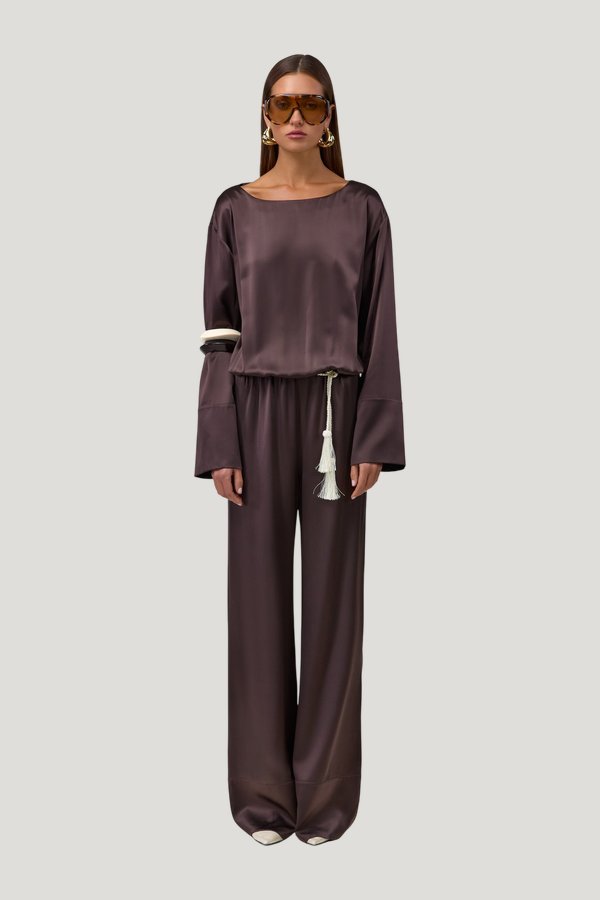 Long Sleeve Silk Jumpsuit — model front
