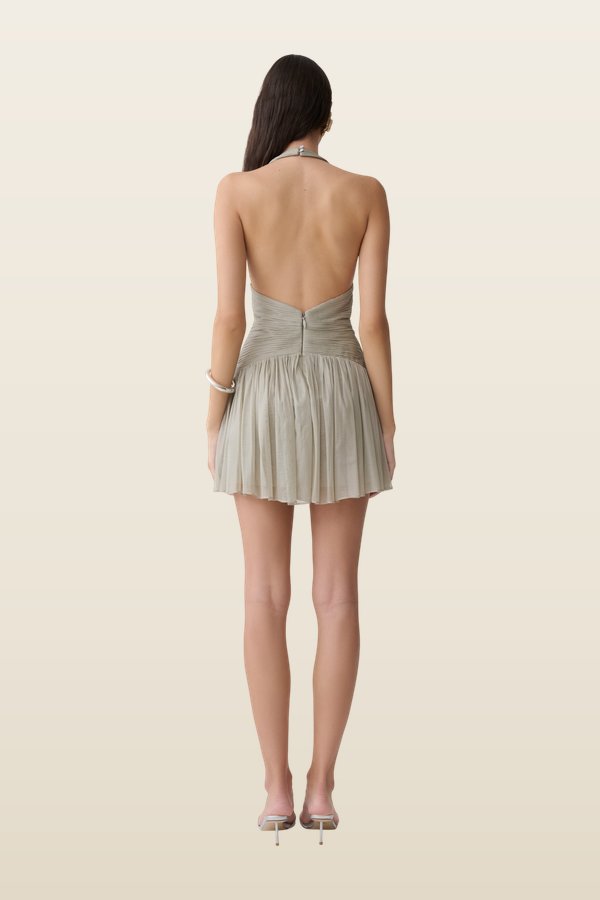 Lucille Halter Pleated Mini Dress - Silver — model back
