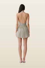 Lucille Halter Pleated Mini Dress - Silver — model back