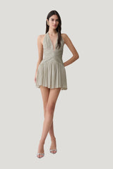 Lucille Halter Pleated Mini Dress - Silver — model front