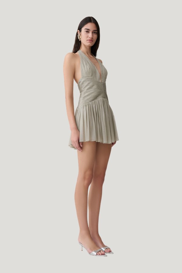 Lucille Halter Pleated Mini Dress - Silver — model side