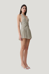 Lucille Halter Pleated Mini Dress - Silver — model side