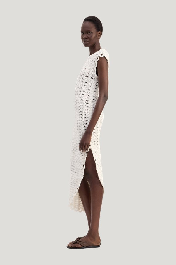 MALENA Ruffled crochet dress — model side