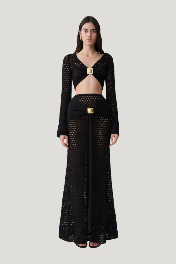 Mania Crochet Long Sleeve Cropped Top — model front