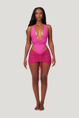 Mesh Ruched Coverup Skirt in Fuchsia — model front