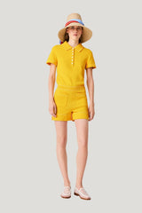Knit playsuit with polo collar — model front