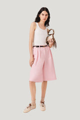 Pleated linen blend Bermuda shorts — model front