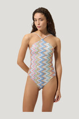 One-piece swimsuit with halterneck — model front