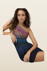 One-shoulder dégradé viscose lamé mini dress — model back
