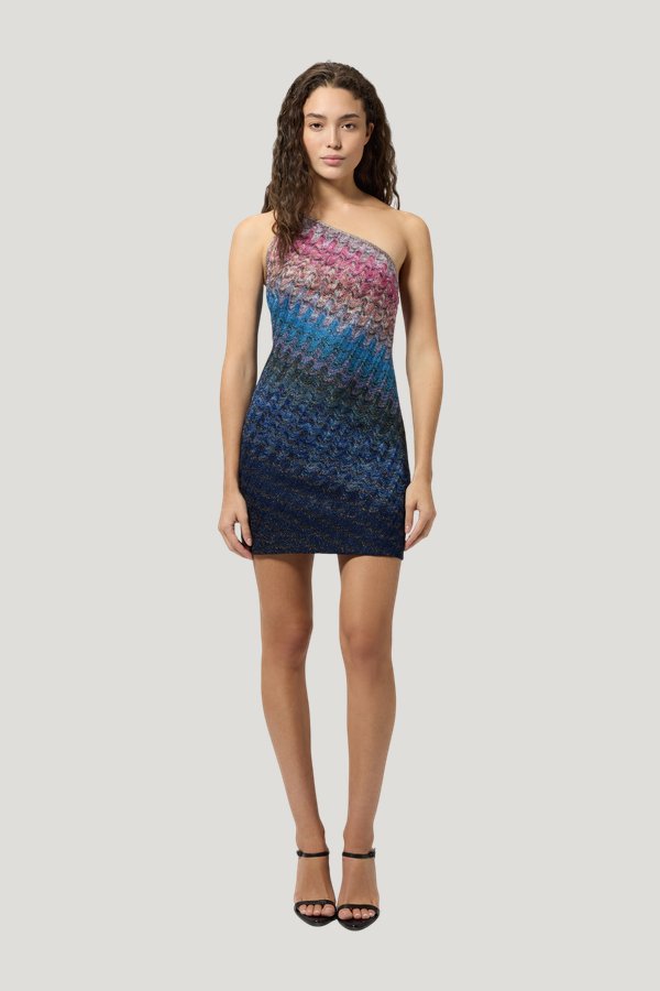 One-shoulder dégradé viscose lamé mini dress — model front