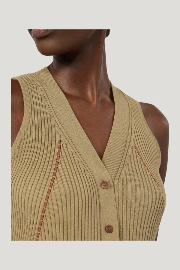 Cotton and viscose yarn gilet - KAKI — model side