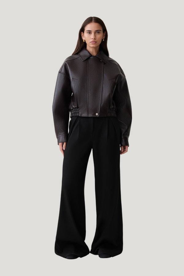 Paige Faux Leather Cropped Jacket - Cherry — model front