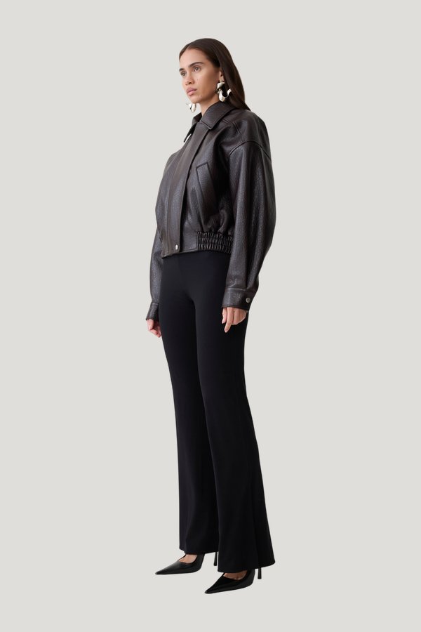Paige Faux Leather Cropped Jacket - Cherry — model side