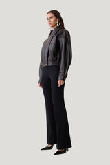 Paige Faux Leather Cropped Jacket - Cherry — model side