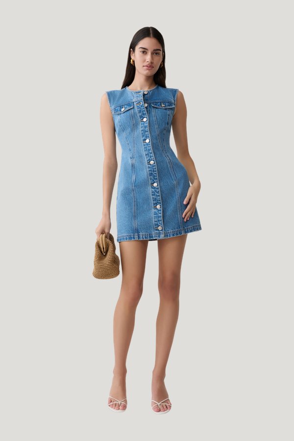Penn Button Front Denim Mini Dress - Summer — model front