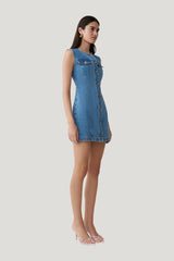 Penn Button Front Denim Mini Dress - Summer — model side